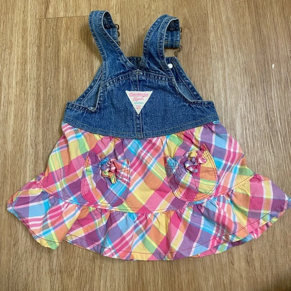 Vintage OshKosh B'gosh Blue Denim Overalls and Colorful Plaid Skirt
